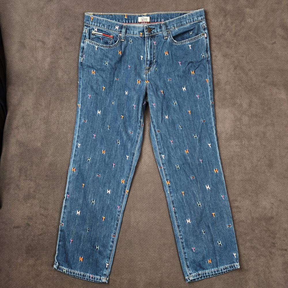 Tommy Hilfiger Boyfriend Copain Denim Jeans Womens 10 Blue Embroidered Logo AOP‎
